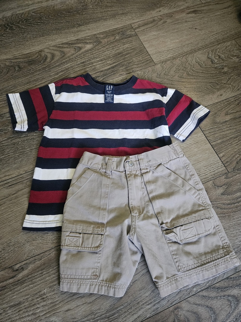 GAP Boys Striped Tee & Khaki Cargo Shorts Set - Navy/Red/Cream